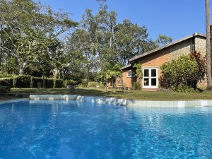 View over the swimming pool dappled with sunlight to the lodge with trees in the background.