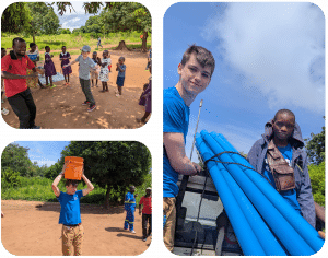 Collage of phorographs of William's time in Malawi with his family, joining in with day to day life.