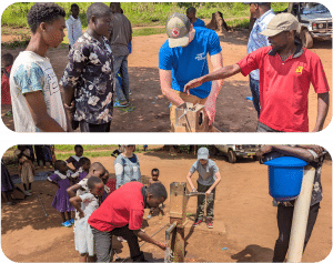 Collage of phorographs of William's time in Malawi with his family at a water point that is being repaired by the Fisherman's Rest team.