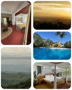 Collage of photographs of Fisherman's Rest including stunning views, accomodation rooms with double beds and a picture of the swimming pool.